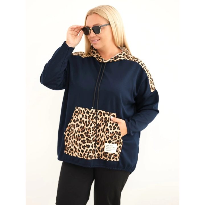 Moteriškas Plus Size džemperis su gobtuvu ir leopardo rašto intarpais, tamsiai mėlynas