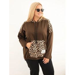 Moteriškas Plus Size džemperis su gobtuvu ir leopardo rašto apdaila, rudas