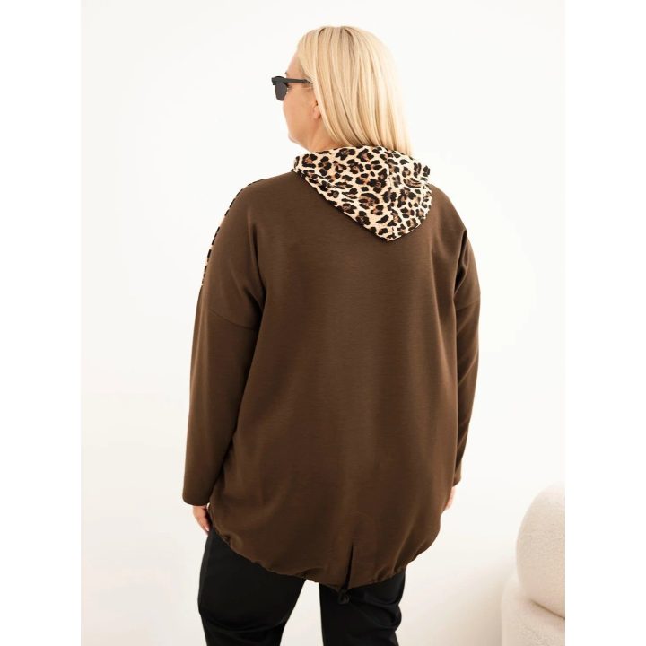 Moteriškas Plus Size džemperis su gobtuvu ir leopardo rašto apdaila, rudas