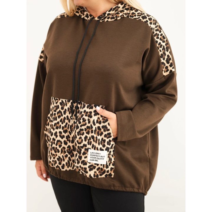 Moteriškas Plus Size džemperis su gobtuvu ir leopardo rašto apdaila, rudas