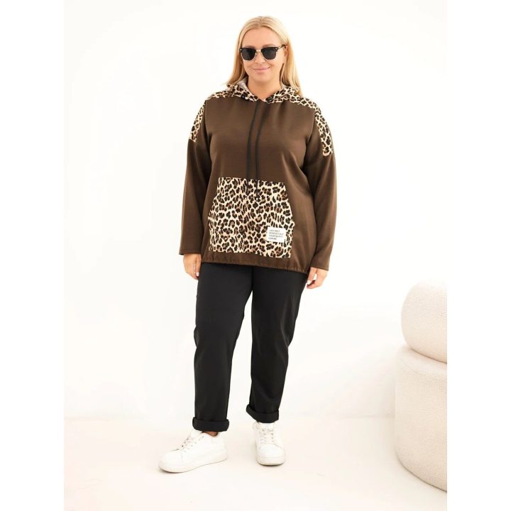 Moteriškas Plus Size džemperis su gobtuvu ir leopardo rašto apdaila, rudas