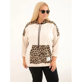 Plus Size moteriškas džemperis su gobtuvu, leopardo rašto intarpais ir smėlio spalvos