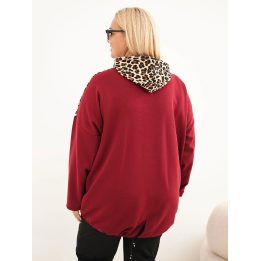 Moteriškas Plus Size džemperis su gobtuvu ir leopardo rašto detalėmis, bordo spalvos