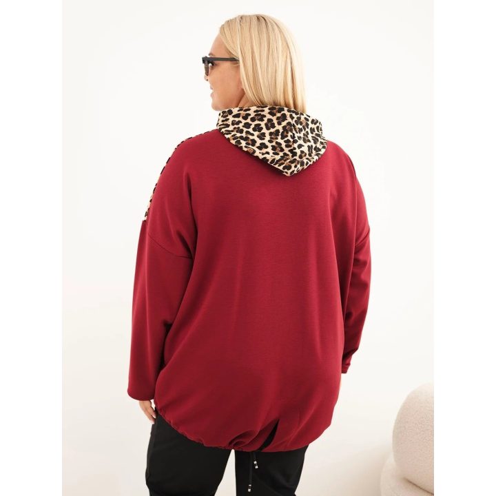 Moteriškas Plus Size džemperis su gobtuvu ir leopardo rašto detalėmis, bordo spalvos