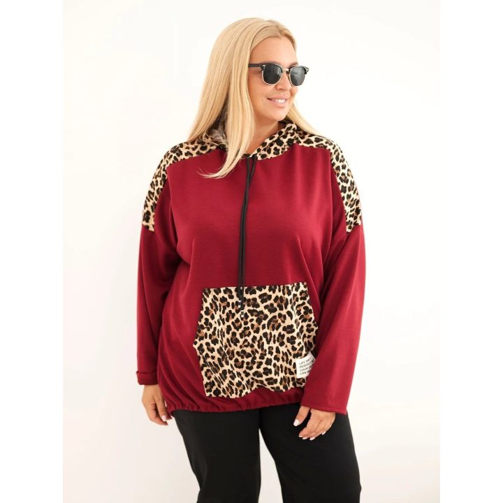 Moteriškas Plus Size džemperis su gobtuvu ir leopardo rašto detalėmis, bordo spalvos