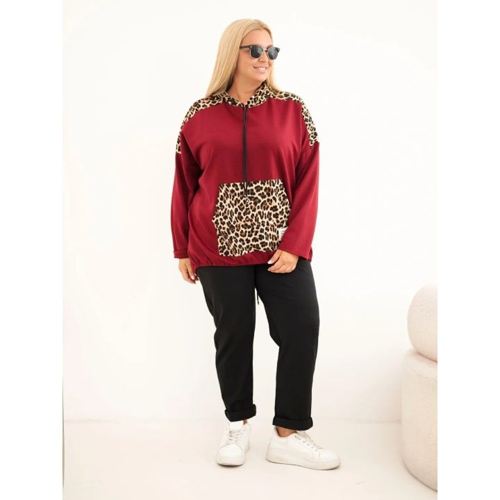 Moteriškas Plus Size džemperis su gobtuvu ir leopardo rašto detalėmis, bordo spalvos