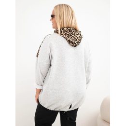 Moteriškas Plus Size džemperis su gobtuvu ir leopardo rašto detalėmis, pilkas