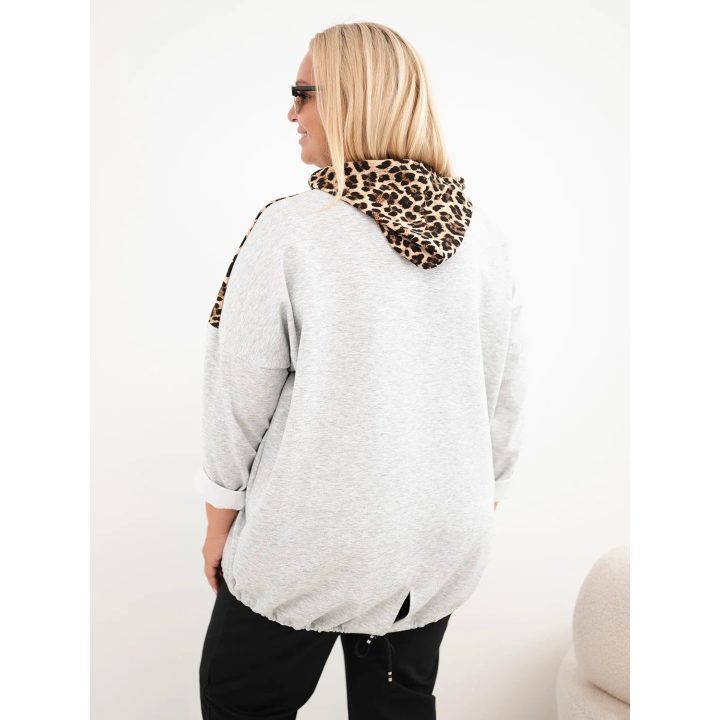 Moteriškas Plus Size džemperis su gobtuvu ir leopardo rašto detalėmis, pilkas