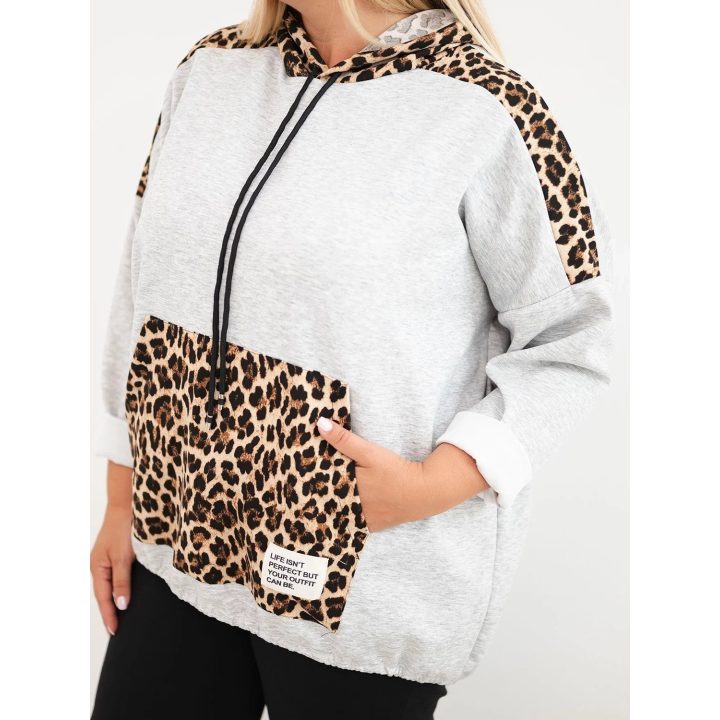 Moteriškas Plus Size džemperis su gobtuvu ir leopardo rašto detalėmis, pilkas