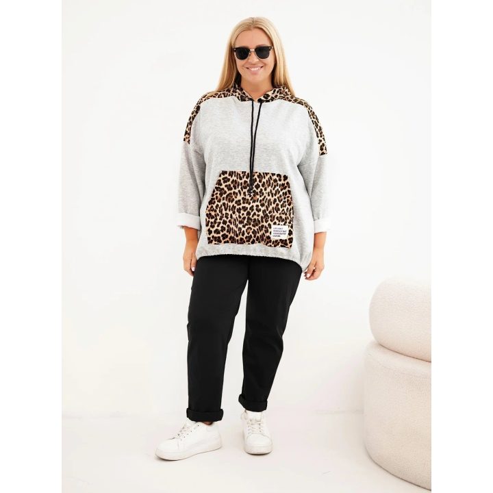 Moteriškas Plus Size džemperis su gobtuvu ir leopardo rašto detalėmis, pilkas