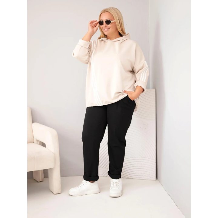 Moteriškas Plus Size džemperis su gobtuvu ir dekoratyvinėmis juostomis, smėlio spalvos