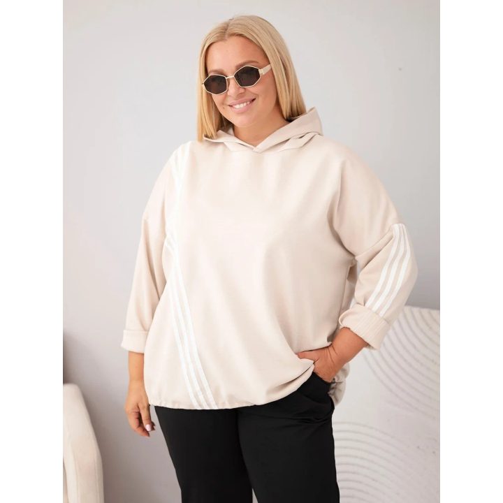 Moteriškas Plus Size džemperis su gobtuvu ir dekoratyvinėmis juostomis, smėlio spalvos