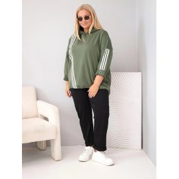 Moteriškas Plus Size džemperis su gobtuvu ir dekoratyvinėmis juostomis, chaki spalvos