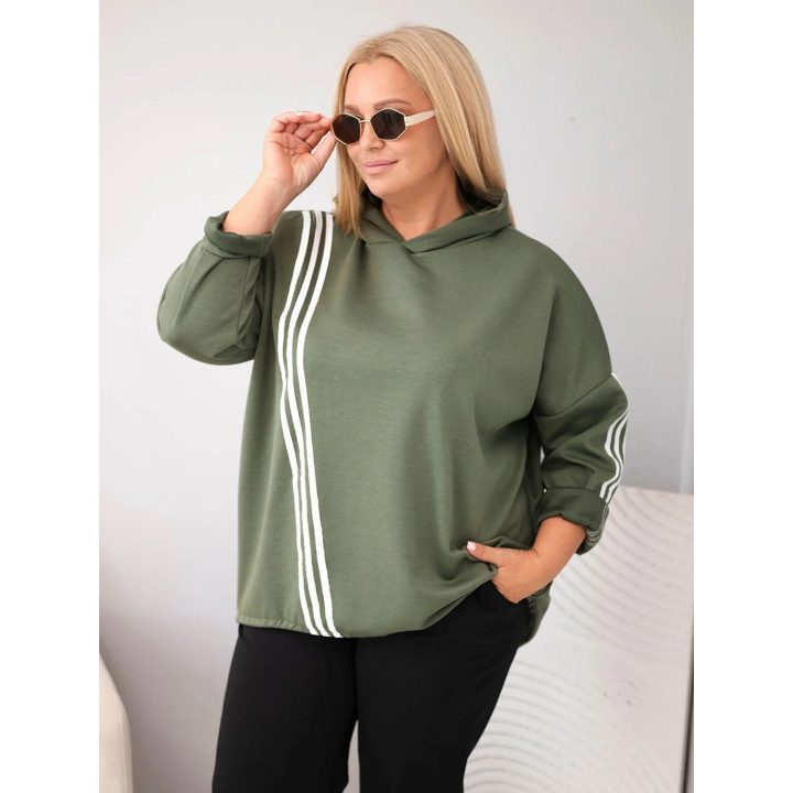 Moteriškas Plus Size džemperis su gobtuvu ir dekoratyvinėmis juostomis, chaki spalvos