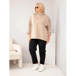 Moteriškas Plus Size megztinis su gobtuvu ir dekoratyvinėmis juostomis, smėlio spalvos