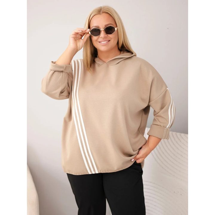 Moteriškas Plus Size megztinis su gobtuvu ir dekoratyvinėmis juostomis, smėlio spalvos