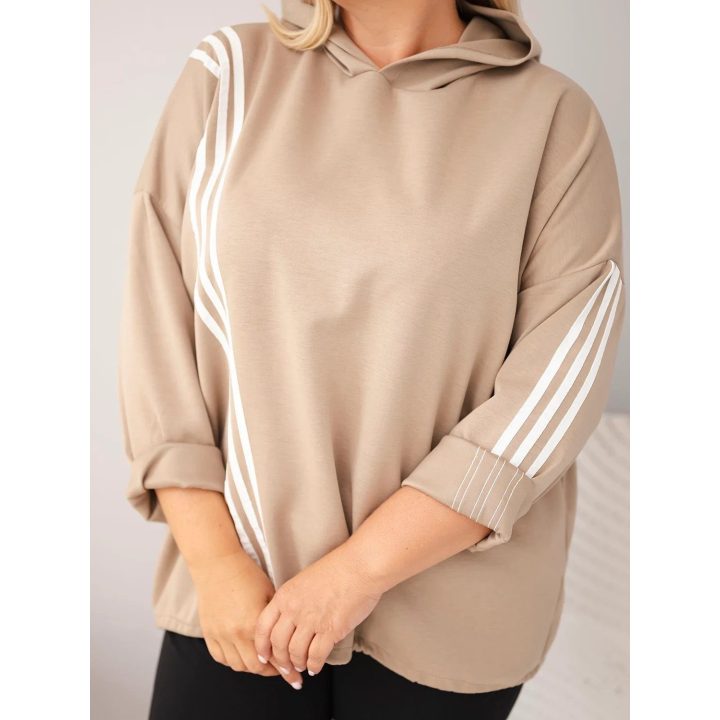 Moteriškas Plus Size megztinis su gobtuvu ir dekoratyvinėmis juostomis, smėlio spalvos