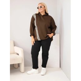 Moteriškas Plus Size džemperis su gobtuvu ir dekoratyvinėmis juostomis, rudas