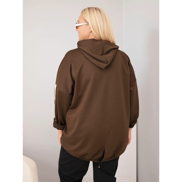 Moteriškas Plus Size džemperis su gobtuvu ir dekoratyvinėmis juostomis, rudas