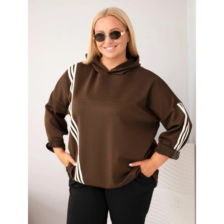 Moteriškas Plus Size džemperis su gobtuvu ir dekoratyvinėmis juostomis, rudas
