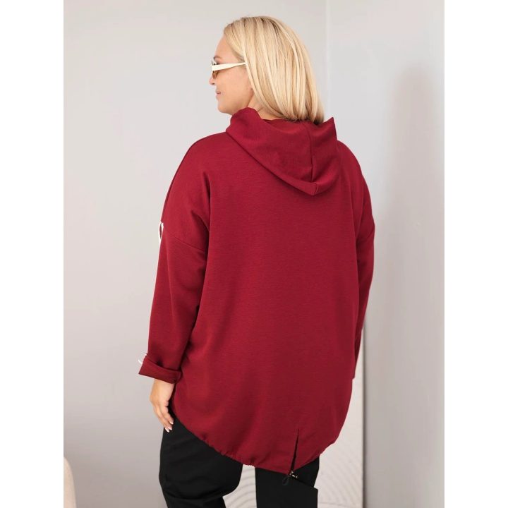 Moteriškas Plus Size džemperis su gobtuvu ir dekoratyvinėmis juostomis, burgundiškos spalvos