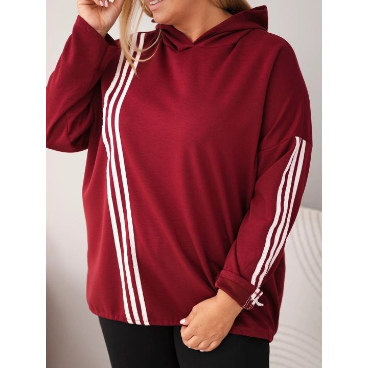 Moteriškas Plus Size džemperis su gobtuvu ir dekoratyvinėmis juostomis, burgundiškos spalvos
