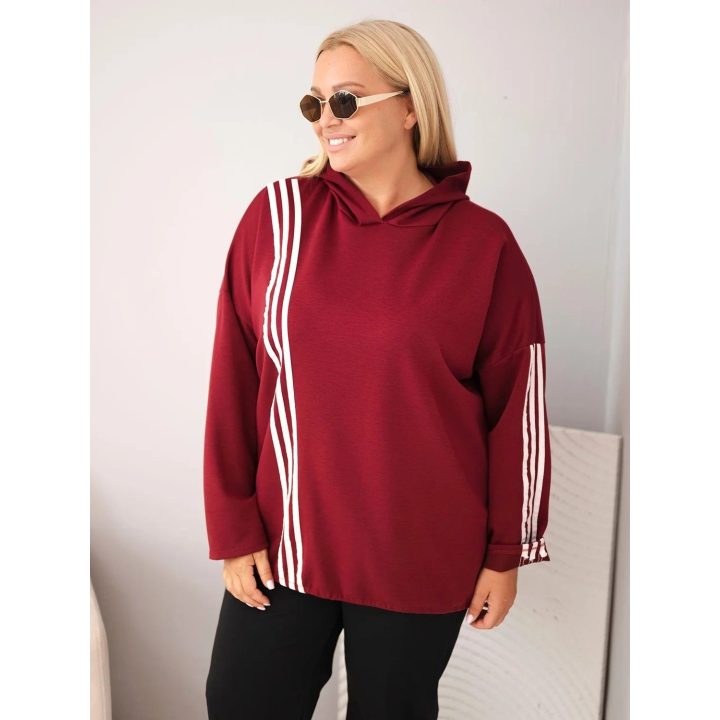 Moteriškas Plus Size džemperis su gobtuvu ir dekoratyvinėmis juostomis, burgundiškos spalvos