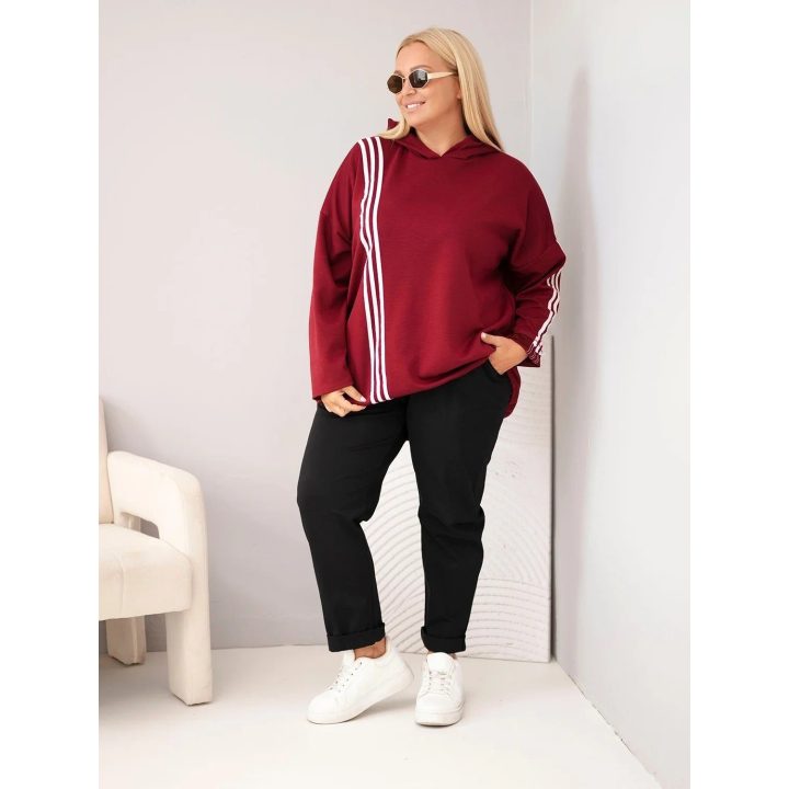 Moteriškas Plus Size džemperis su gobtuvu ir dekoratyvinėmis juostomis, burgundiškos spalvos