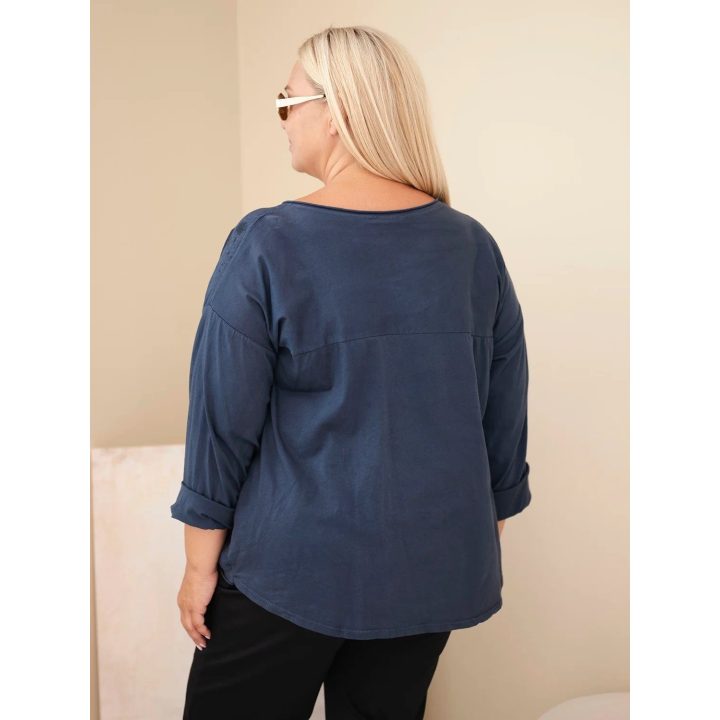 Moteriška Plus Size palaidinė su U formos iškirpte ir spauda, tamsiai mėlyna
