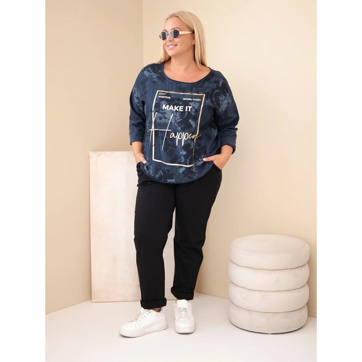 Moteriška Plus Size palaidinė su U formos iškirpte ir spauda, tamsiai mėlyna