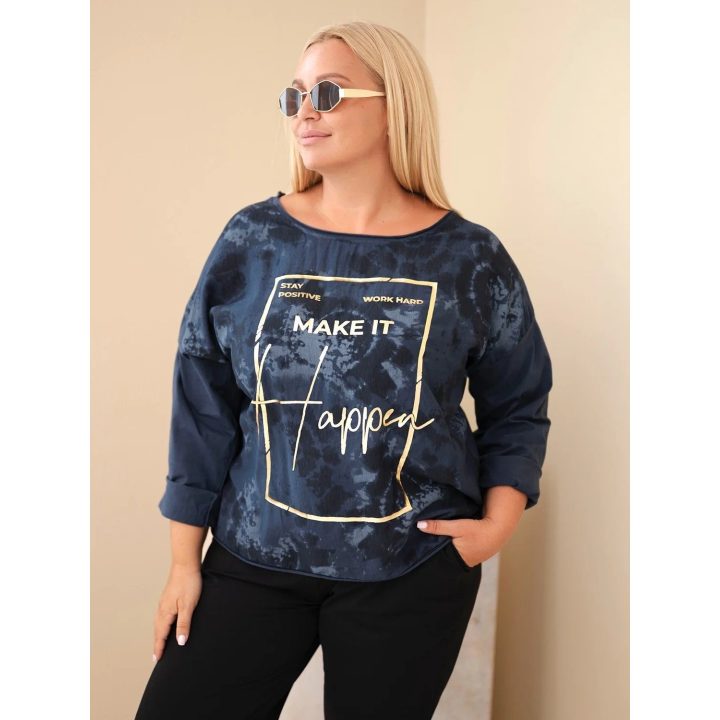 Moteriška Plus Size palaidinė su U formos iškirpte ir spauda, tamsiai mėlyna