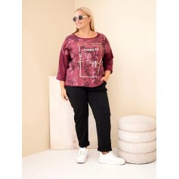 Plus Size moteriška palaidinė su raštu ir U formos iškirpte, slyvų spalvos