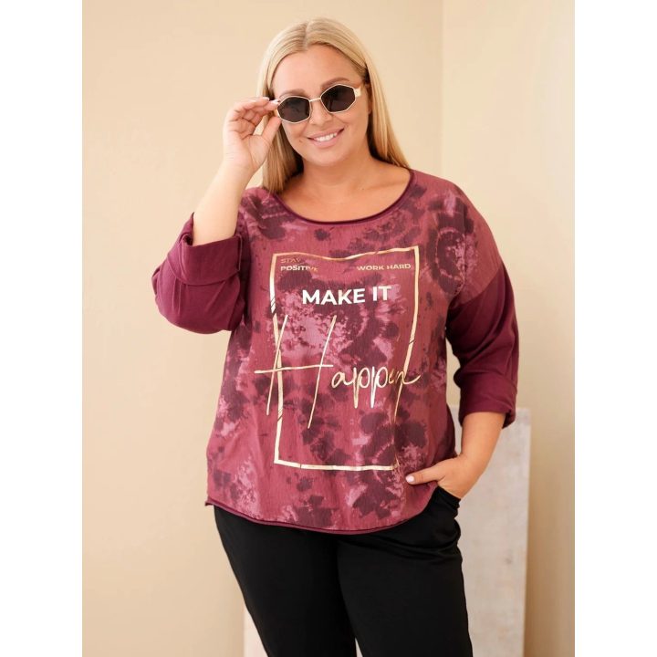 Plus Size moteriška palaidinė su raštu ir U formos iškirpte, slyvų spalvos