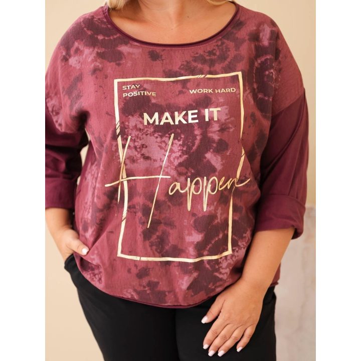 Plus Size moteriška palaidinė su raštu ir U formos iškirpte, slyvų spalvos