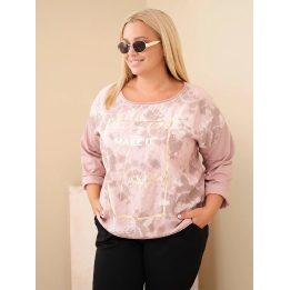 Moteriška Plus Size palaidinė su spauda ir U formos iškirpte, pudrinės rožinės spalvos