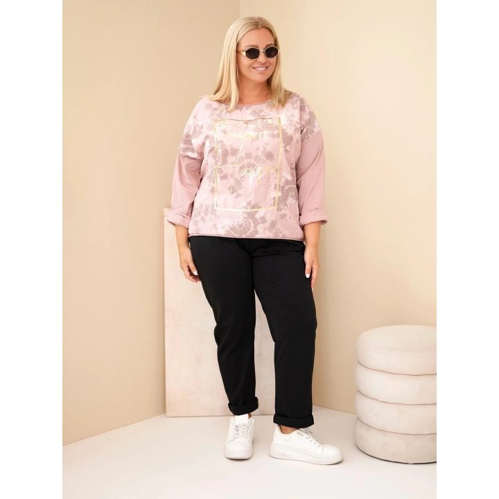 Moteriška Plus Size palaidinė su spauda ir U formos iškirpte, pudrinės rožinės spalvos