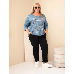Moteriška Plus Size palaidinė su spauda ir U formos iškirpte, džinso mėlynos spalvos