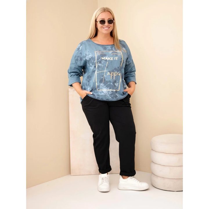Moteriška Plus Size palaidinė su spauda ir U formos iškirpte, džinso mėlynos spalvos