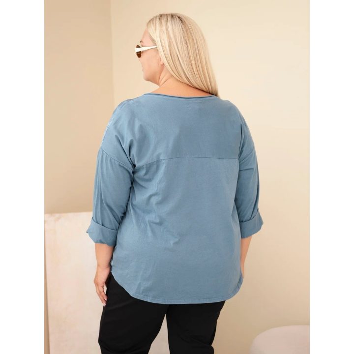 Moteriška Plus Size palaidinė su spauda ir U formos iškirpte, džinso mėlynos spalvos