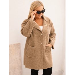 Moteriškas Plus Size paltas su vilna ir kišenėmis, šviesios chaki spalvos