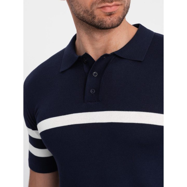 Vyriškas tamsiai mėlynas polo marškinėliai su kontrastinėmis juostomis