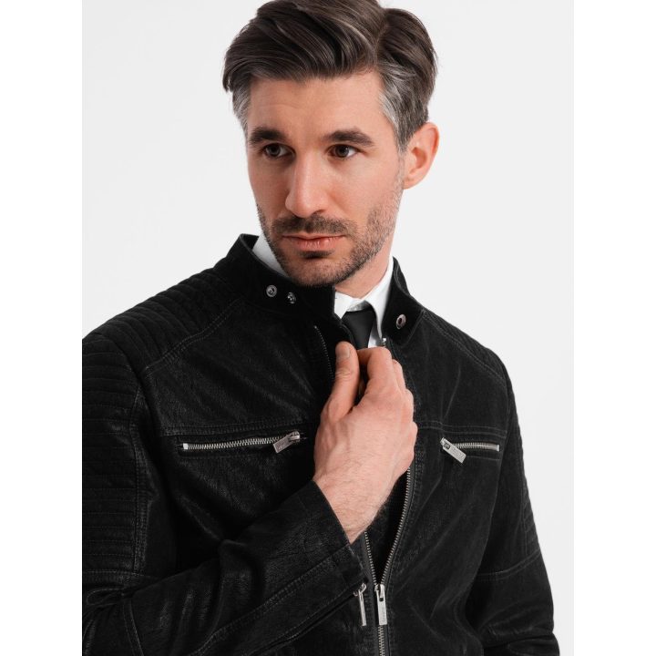 Vyriška juoda retro stiliaus biker striukė su stata apykakle
