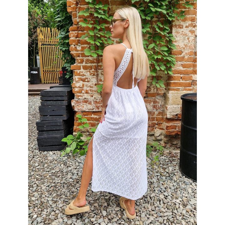 Moteriška balta maxi suknelė su nėrinių detalėmis