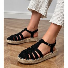 Juodi moteriški espadrilės tipo sandalai iš eko zomšos