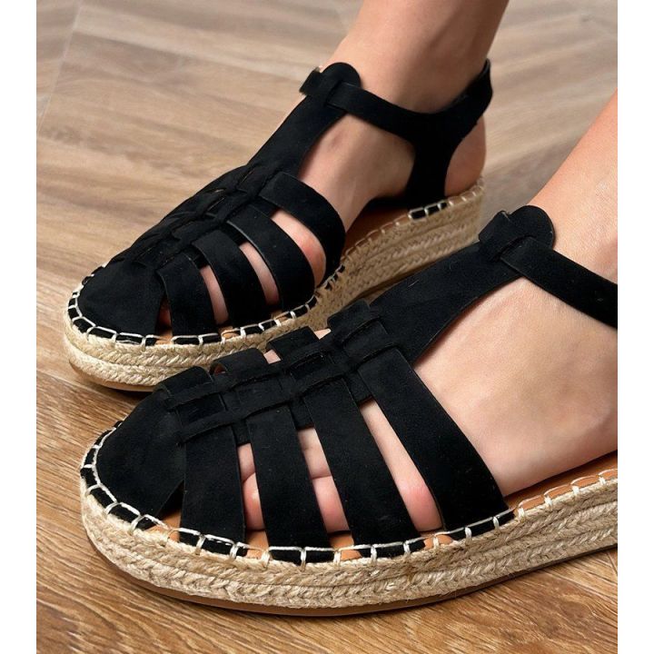 Juodi moteriški espadrilės tipo sandalai iš eko zomšos