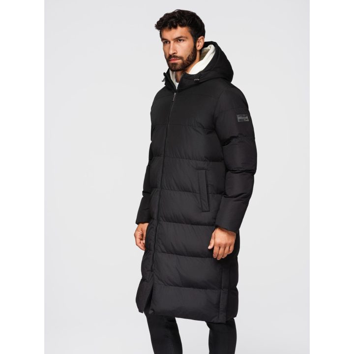 Vyriška juoda ilga striukė su gobtuvu