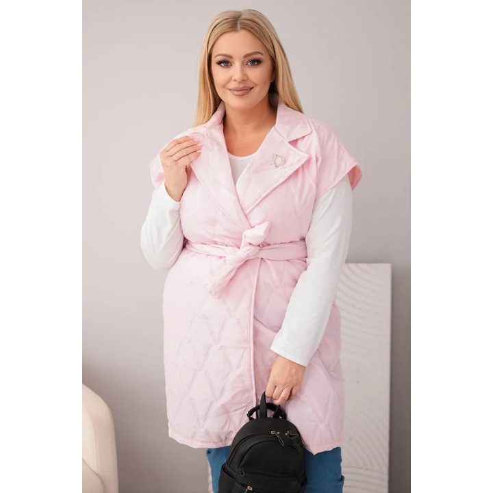 Moteriška Plus Size dygsniuota liemenė su diržu ir apykakle, šviesiai rožinė