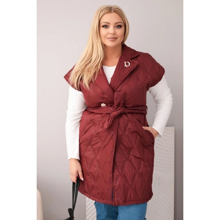 Moteriška Plus Size dygsniuota liemenė su diržu ir apykakle, slyvų spalvos