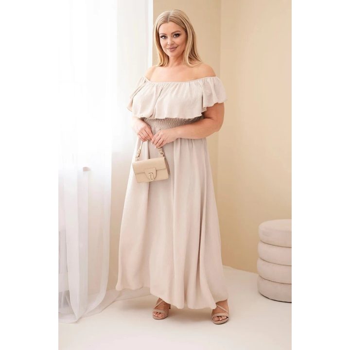 Moteriška Plus Size maksi suknelė su raukiniais ir tampria juosmens juosta, smėlio spalvos