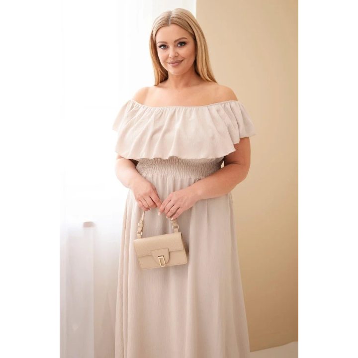 Moteriška Plus Size maksi suknelė su raukiniais ir tampria juosmens juosta, smėlio spalvos